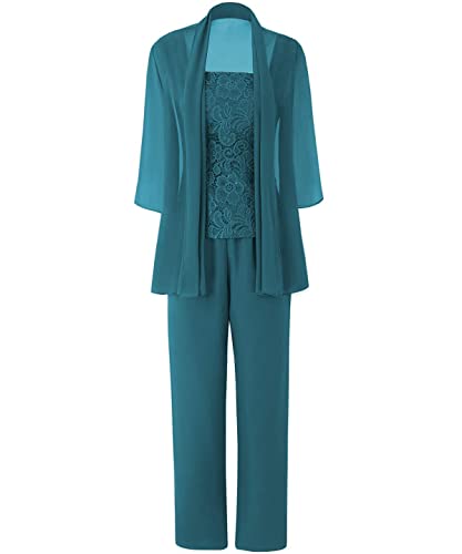 Damen Chiffon Hosenanzug Dreiteilig Mutter des Bräutigams Hosen Set Lang Elegant Hochzeitsgast Kleid mit Jacke Teal 50 von HUINI