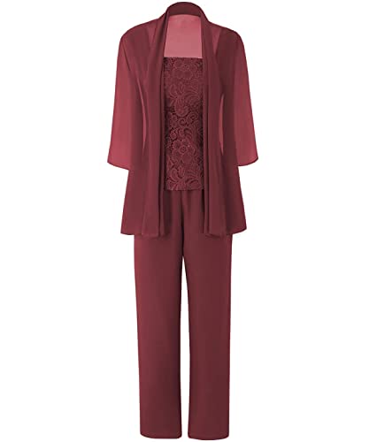 Damen Chiffon Hosenanzug Dreiteilig Mutter des Bräutigams Hosen Set Lang Elegant Hochzeitsgast Kleid mit Jacke Burgund 50 von HUINI