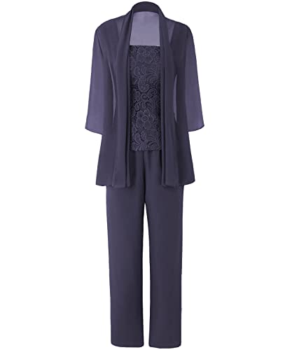 Damen Chiffon Hosenanzug Dreiteilig Mutter des Bräutigams Hosen Set Lang Elegant Hochzeitsgast Kleid mit Jacke Stürmisch 50 von HUINI