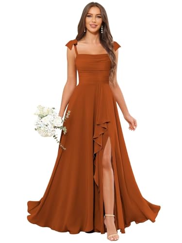 Damen Elegant Abendkleid Lang mit Schlitz Chiffon A-Linie Hochzeitsgast Kleid Ärmellos Karamel 40 von HUINI