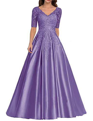 Damen Lang Abendkleid Glitzer Satin Ballkleid A-Linie Hochzeitsgast Kleid mit Ärmel Vintage Festkleid Dunkel lila 54 von HUINI