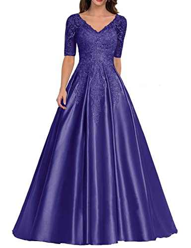 Damen Lang Abendkleid Glitzer Satin Ballkleid A-Linie Hochzeitsgast Kleid mit Ärmel Vintage Festkleid Purpur 42 von HUINI