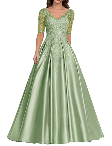 Damen Lang Abendkleid Glitzer Satin Ballkleid A-Linie Hochzeitsgast Kleid mit Ärmel Vintage Festkleid Salbeigrün 42 von HUINI