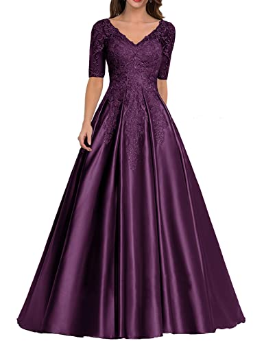 Damen Lang Abendkleid Glitzer Satin Ballkleid A-Linie Hochzeitsgast Kleid mit Ärmel Vintage Festkleid Traube 54 von HUINI