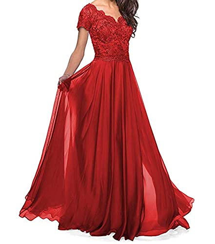 Elegant Damen Abendkleid Ballkleider für Hochzeit Chiffon A-Linie Brautmutterkleid Große Größen Rot 50 von HUINI