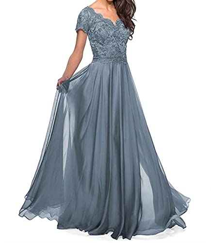 Elegant Damen Abendkleid Ballkleider für Hochzeit Chiffon A-Linie Brautmutterkleid Große Größen Schmutzigblau 50 von HUINI