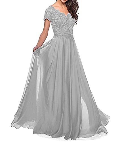 Elegant Damen Abendkleid Ballkleider für Hochzeit Chiffon A-Linie Brautmutterkleid Große Größen Silber 36 von HUINI