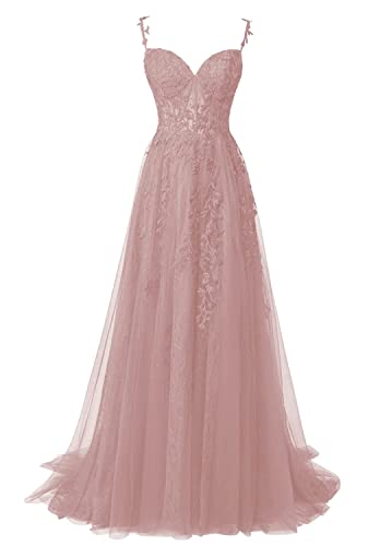 Festliche Kleider Lang Spitzen Ballkleider A-Linie Elegant Abendkleid für Hochzeit Rückenfrei Vintage Partykleid Altrosa 38 von HUINI