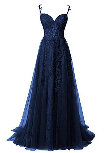 Festliche Kleider Lang Spitzen Ballkleider A-Linie Elegant Abendkleid für Hochzeit Rückenfrei Vintage Partykleid Navy 38 von HUINI