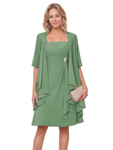 HUINI 2-Teiler Brautmutter Kleid mit Jacke Kurz Chiffon Elegant Hochzeitsgast Kleid für Damen Grasgrün 44 von HUINI