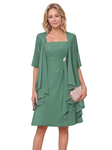 HUINI 2-Teiler Brautmutter Kleid mit Jacke Kurz Chiffon Elegant Hochzeitsgast Kleid für Damen Salbeigrün 52 von HUINI