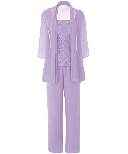 HUINI 3 Stück Brautmutterkleider Langarm Chiffon Abendkleid Hosenanzug mit Jacke Mutter des Bräutigam Kleider Set Flieder 46 von HUINI