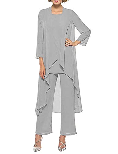 HUINI 3 Stücke Mutter der Braut Hosenanzug Chiffon Formell Abendparty Hosen Set Langarm Brautmutterkleid mit Jacke Silber 40 von HUINI