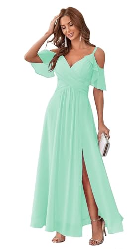 HUINI Abendkleid Damen Chiffon A-Linie Ballkleid Schlicht Maxikleid für Hochzeit Brautmutterkleid Große Größen Mint 38 von HUINI