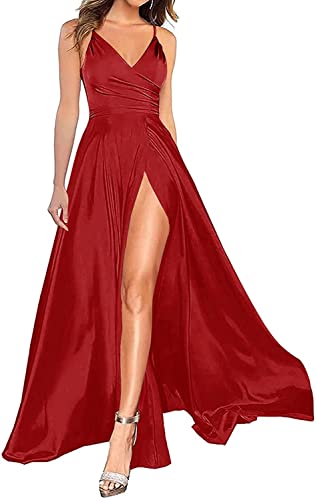 HUINI Abendkleid Damen Elegant für Hochzeit Ballkleid Satin A-Linie Abiballkleid Sexy mit Schlitz Rot 36 von HUINI