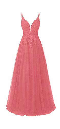 HUINI Abendkleid Damen Lang Elegant für Hochzeit Brautjungfernkleider Spitzen Glitzer Ballkleid Cocktail Partykleider A-Linie Koralle 36 von HUINI