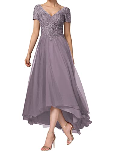 HUINI Abendkleid Damen Vorne Kurz Hinten Lang Ballkleid Mutterkleid Große Größen Kurzarm Festkleid Mauve 42 von HUINI