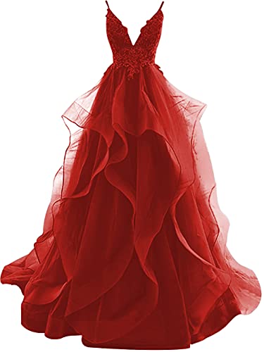 HUINI Abendkleid Elegant Lang Ballkleid Hochzeitskleider Prinzessin A-Linie Abiballkleider Maxikleider Rot 40 von HUINI