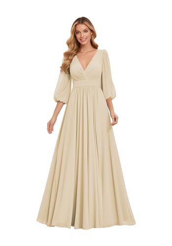 HUINI Abendkleid Lang Ballkleid A-Linie - Chiffon Große Größen Hochzeit Gast Kleid für Damen Champagner 38 von HUINI