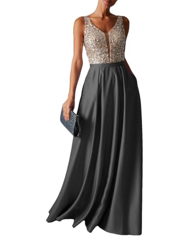 HUINI Abendkleid Lang Damen Glitzer Ballkleider Hochzeitskleid Vintage Cocktail Partykleider Brautkleider Schwarz 44 von HUINI
