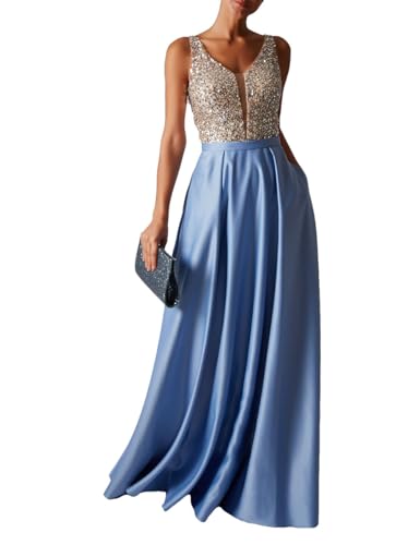 HUINI Abendkleid Lang Damen Glitzer Ballkleider Hochzeitskleid Vintage Cocktail Partykleider Brautkleider Staubig Blau 40 von HUINI