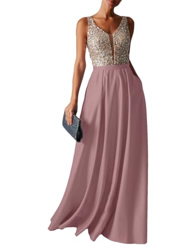 HUINI Abendkleid Lang Damen Glitzer Ballkleider Hochzeitskleid Vintage Cocktail Partykleider Brautkleider Staubiges Rosa 40 von HUINI
