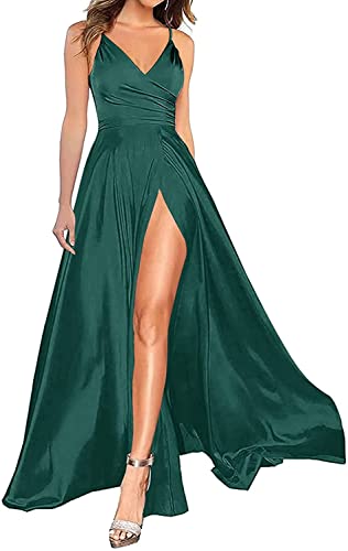 HUINI Abendkleid Lang Damen Hochzeitskleid Brautjungfernkleider Satin Schlicht Ballkleid A-Linie mit Schlitz Dunkelgrün 32 von HUINI