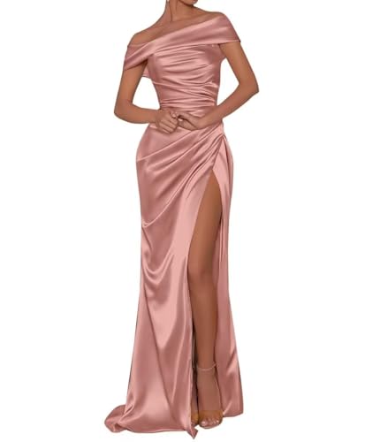 HUINI Abendkleid Meerjungfrau Lang Schulterfrei Schlitz Brautjungfernkleider für Hochzeit Glitzer Ballkleid Altrosa 34 von HUINI