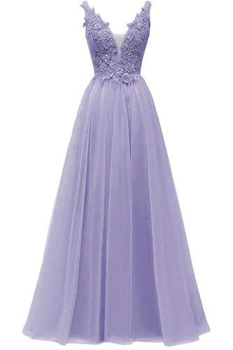 HUINI Abendkleid Rückenfreie Cocktailkleider Prinzessin Tüll Lange Ballkleider Prom Brautjungfer Kleid A-Linie Spitze Hochzeit Partykleid Ärmellos Lavendel 34 von HUINI