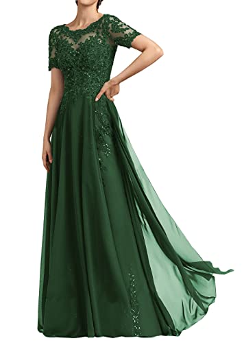 HUINI Abendkleider Elegant Lang für Hochzeit Kurzarm Spitzen Mutter des Bräutigams Maxikleid Chiffon Dunkelgrün 48 von HUINI