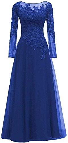 HUINI Abendkleider Lang Damen Ballkleid Tüll Hochzeitskleid Standesamt Spitzen Maxikleid Langarm A-Linie Königsblau 44 von HUINI