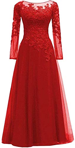 HUINI Abendkleider Lang Damen Ballkleid Tüll Hochzeitskleid Standesamt Spitzen Maxikleid Langarm A-Linie Rot 42 von HUINI