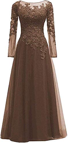 HUINI Abendkleider Spitze Ballkleider Lang A-Linie Brautjungfernkleider Brautkleid Vintage Festkleid Langarm Braun 44 von HUINI