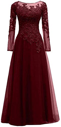 HUINI Abendkleider Spitze Ballkleider Lang A-Linie Brautjungfernkleider Brautkleid Vintage Festkleid Langarm Burgund 50 von HUINI