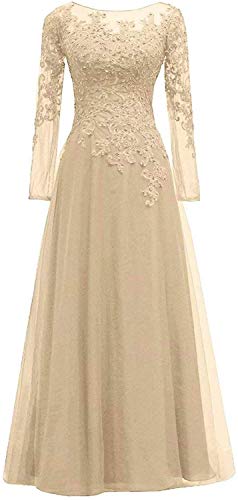 HUINI Abendkleider Spitze Ballkleider Lang A-Linie Brautjungfernkleider Brautkleid Vintage Festkleid Langarm Champagne Gold 58 von HUINI