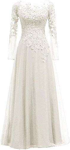 HUINI Abendkleider Spitze Ballkleider Lang A-Linie Brautjungfernkleider Brautkleid Vintage Festkleid Langarm Elfenbein 36 von HUINI