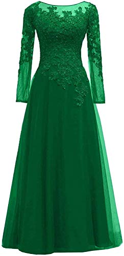 HUINI Abendkleider Spitze Ballkleider Lang A-Linie Brautjungfernkleider Brautkleid Vintage Festkleid Langarm Grün 42 von HUINI