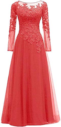 HUINI Abendkleider Spitze Ballkleider Lang A-Linie Brautjungfernkleider Brautkleid Vintage Festkleid Langarm Koralle 40 von HUINI