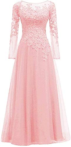 HUINI Abendkleider Spitze Ballkleider Lang A-Linie Brautjungfernkleider Brautkleid Vintage Festkleid Langarm Rosa 38 von HUINI