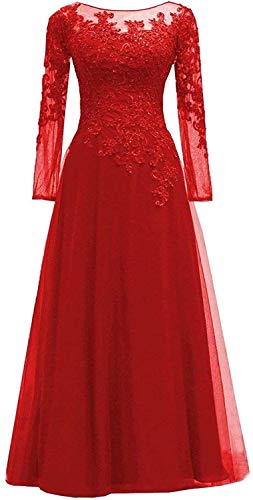 HUINI Abendkleider Spitze Ballkleider Lang A-Linie Brautjungfernkleider Brautkleid Vintage Festkleid Langarm Rot 52 von HUINI