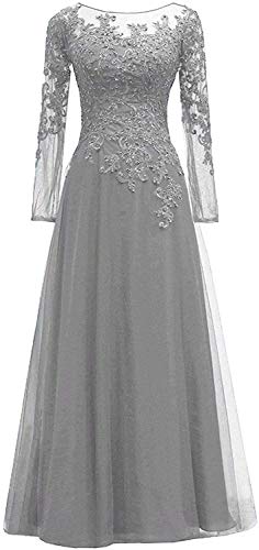 HUINI Abendkleider Spitze Ballkleider Lang A-Linie Brautjungfernkleider Brautkleid Vintage Festkleid Langarm Silber-grau 40 von HUINI