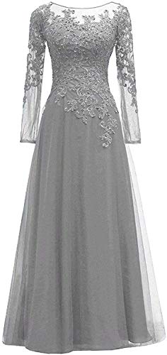 HUINI Abendkleider Spitze Ballkleider Lang A-Linie Brautjungfernkleider Brautkleid Vintage Festkleid Langarm Silber-grau 54 von HUINI