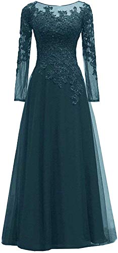 HUINI Abendkleider Spitze Ballkleider Lang A-Linie Brautjungfernkleider Brautkleid Vintage Festkleid Langarm Tintenblau 46 von HUINI