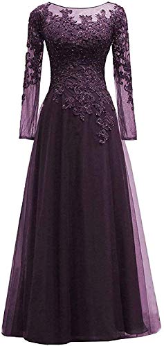 HUINI Abendkleider Spitze Ballkleider Lang A-Linie Brautjungfernkleider Brautkleid Vintage Festkleid Langarm Traube 44 von HUINI