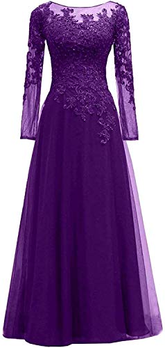 HUINI Abendkleider Spitze Ballkleider Lang A-Linie Brautjungfernkleider Brautkleid Vintage Festkleid Langarm Violett 32 von HUINI