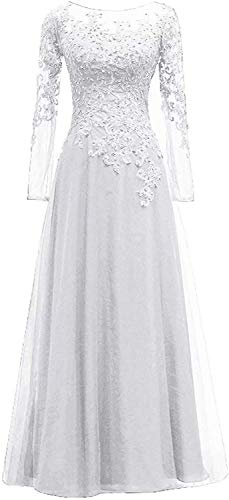 HUINI Abendkleider Spitze Ballkleider Lang A-Linie Brautjungfernkleider Brautkleid Vintage Festkleid Langarm Weiß 44 von HUINI