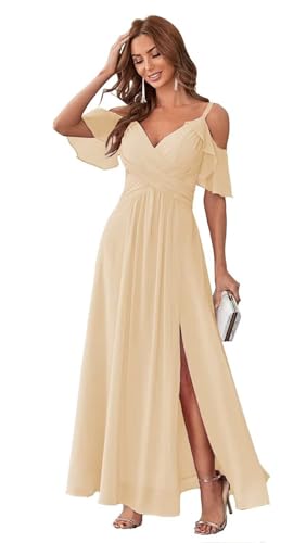 HUINI Ballkleid Chiffon A-Linie Kalter Schulterärmel Formal Abendkleid Elegant für Hochzeit Champagne 42 von HUINI