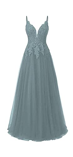 HUINI Ballkleid Damen Lang Elegant Abendkleid Hochzeit Brautjungfernkleid Cocktailkleider Tüll Glitzer Promkleider V-Ausschnitt Altblau 42 von HUINI