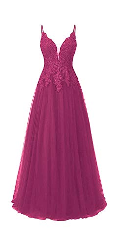 HUINI Ballkleid Damen Lang Elegant Abendkleid Hochzeit Brautjungfernkleid Cocktailkleider Tüll Glitzer Promkleider V-Ausschnitt Fuchsie 34 von HUINI