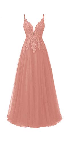 HUINI Ballkleid Damen Lang Elegant Abendkleid Hochzeit Brautjungfernkleid Cocktailkleider Tüll Glitzer Promkleider V-Ausschnitt Hell Koralle 42 von HUINI